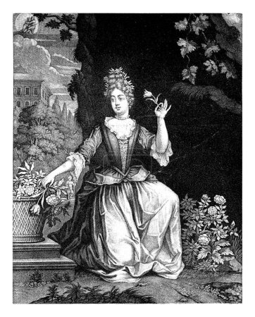 Foto de Mayo, Pieter Schenk (I), 1670 - 1713 La personificación del mes de mayo toma flores de una cesta de flores. En el cielo la constelación Géminis. - Imagen libre de derechos