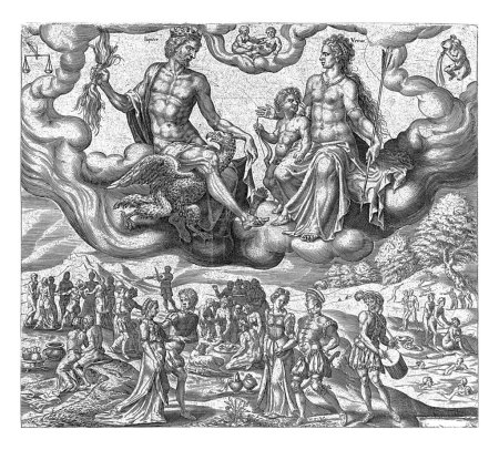 Foto de Temperamento sanguino, Harmen Jansz Muller, después de Maarten van Heemskerck, 1566 Júpiter, con relámpagos y águila, y Venus, con flecha y Amor, - Imagen libre de derechos