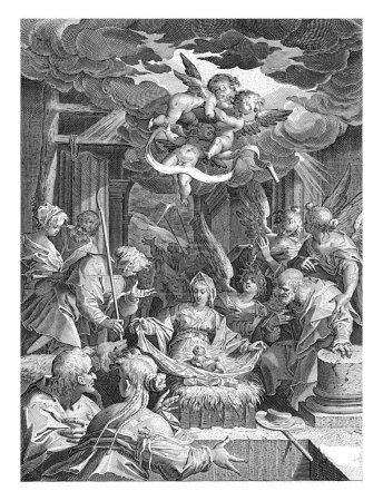 Foto de La Natividad, Aegidius Sadeler, después de Hans von Aquisgrán, 1588 La Natividad en el establo. En medio de María mostrando al Niño Jesús a los ángeles y pastores de alrededor. - Imagen libre de derechos