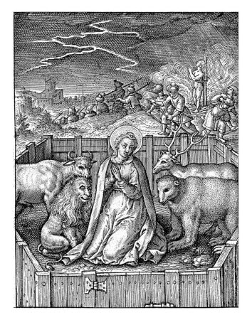 Foto de Virtud de los Inviolados, Hieronymus Wierix, 1563-1619 Santa Tecla de Iconio rodeada por un león, un oso, un toro y un ciervo. En el fondo, ella está atada a una estaca por soldados en una montaña. - Imagen libre de derechos