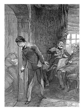 Foto de Interior con un hombre espiando en otra habitación, Willem Steelink (I), después de Charles Rochussen, 1836 - 1913 En un interior, un hombre vierte una bebida y otro hombre está dormido. - Imagen libre de derechos
