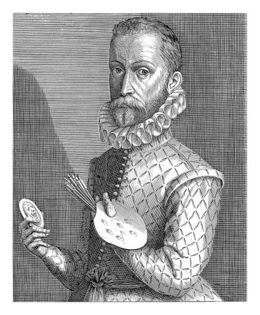 Téléchargez les photos : Portrait de Frans Pourbus I, Hendrick Hondius (I), 1610 Demi-portrait à gauche de Frans Pourbus I. En dessous du portrait se trouvent le nom et quatre lignes en latin. - en image libre de droit