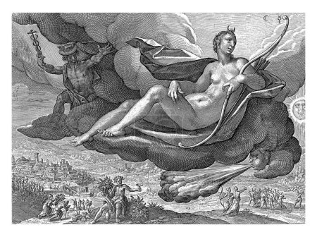 Téléchargez les photos : West Wind, Crispijn van de Passe, 1589 - 1611 Couverture nuageuse avec Zephyrus (vent d'ouest) et Mercure. Ils sont accompagnés par le vent d'ouest (Occasus), qui est représenté comme une tête soufflante sans corps. - en image libre de droit