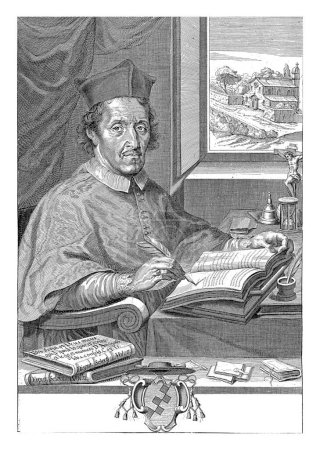 Téléchargez les photos : Portrait de Hieronymus Rocca, Arnold van Westerhout, 1665 - 1725 Portrait de Hieronymus Rocca, évêque d'Ischia. Il est assis à une table d'écriture dans son bureau. - en image libre de droit