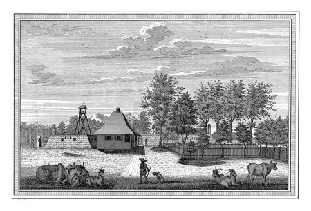 Foto de Vista del fuerte en Tangerang, Jacob van der Schley, 1747 - 1779 Vista del fuerte en Tangerang, con un hombre con perro y vacas y cabras en primer plano. - Imagen libre de derechos