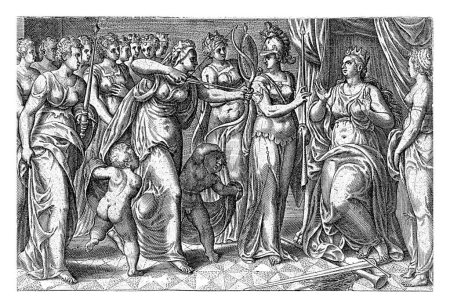 Foto de Amor apunta su flecha a la novia, Johannes Wierix (posiblemente), después de Gerard van Groeningen, 1574 Amor (Charitas), acompañado de dos niños pequeños, está a punto de disparar una flecha a la novia (Sponsa). - Imagen libre de derechos