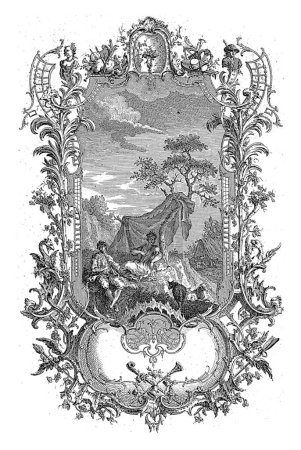 Téléchargez les photos : Berger et bergère, Carl Albert von Lespilliez, d'après François de Cuvillies (Sr.), 1745 Un berger joue de la flûte, à côté de lui une bergère s'assoit contre un arbre sous un tissu accroché. - en image libre de droit
