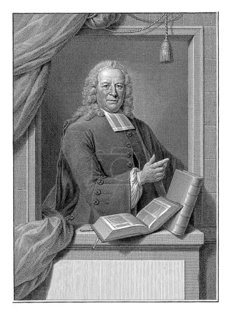 Téléchargez les photos : Portrait de Johannes Plantinus, Pieter Tanje, d'après Jan Maurits Quinkhard, 1752 Johannes Plantinus, pasteur à Amsterdam, à l'âge de 61 ans. Il se tient près d'une Bible ouverte. - en image libre de droit