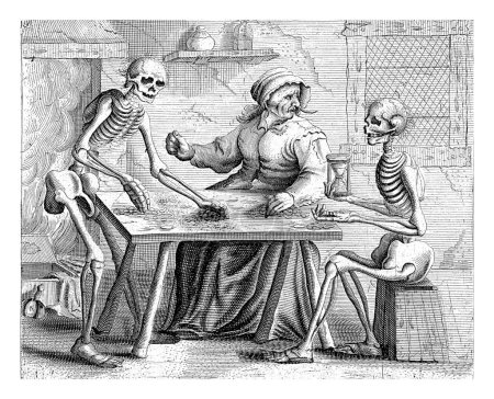 Téléchargez les photos : Vieille femme avec deux squelettes à table, anonyme, d'après Adriaen Brouwer, 1622-1688 Une vieille femme assise à une table dans un intérieur simple avec une cheminée en feu. - en image libre de droit