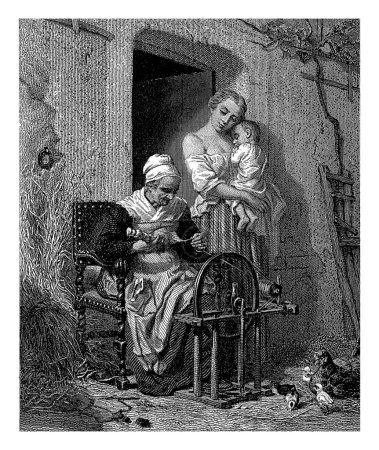 Téléchargez les photos : Femme à roue tournante, Dirk Jurriaan Sluyter, d'après Florent Willems, 1852 Une femme âgée tourne à la porte d'une maison. Dans la porte se dresse une jeune femme avec un tout-petit endormi. - en image libre de droit