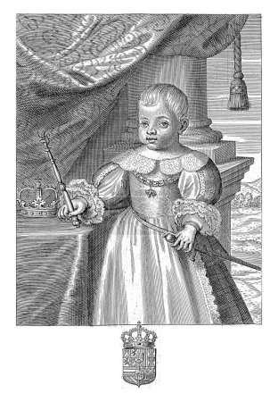 Téléchargez les photos : Portrait de Charles II, enfant, Pieter de Jode (II), 1628-1670 Portrait de Charles II, roi d'Espagne, enfant. Il se tient à côté d'une table et tient un sceptre dans sa main droite. - en image libre de droit