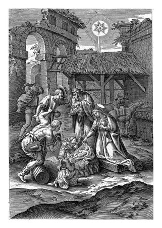 Foto de Adoración de los pastores, Antonie Wierix (II), después de Maerten de Vos, 1583 - 1587 María muestra al Niño Jesús, junto a sus puestos José. - Imagen libre de derechos