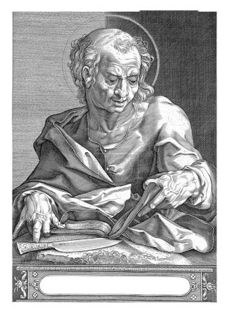 Foto de Apóstol Bartolomé, Egberto van Panderen, c. 1590 - 1637 El apóstol Bartolomé, leyendo un libro. Delante de él hay un cuchillo. Su nombre está escrito sobre su cabeza en latín. - Imagen libre de derechos