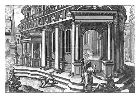 Téléchargez les photos : Pierre et Jean guérissent un paralytique à la porte du temple, Lucas van Doetechum, 1643 À la porte du temple, un mendiant demande l'aumône à Pierre et à Jean. Peter n'a pas d'argent, mais le guérit - en image libre de droit