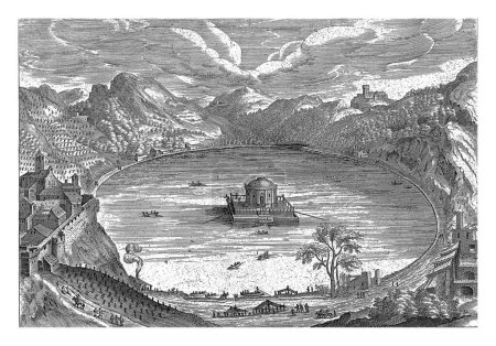 Téléchargez les photos : Vue du lac Nemi, Hendrick van Cleve, 1585 Vue du lac Nemi avec un temple au milieu du lac. Des bateaux sur le lac. L'estampe fait partie d'une série représentant divers endroits. - en image libre de droit