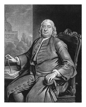 Foto de Retrato de Francis Smith, Alexander van Haecken, después de William Winstanley, 1735 - 1757 El arquitecto Francis Smith, sentado en una silla. Su mano descansa sobre un par de brújulas, incluyendo un mapa. - Imagen libre de derechos