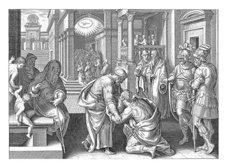 Photo for Cornelius kneels before Peter, after Philips Galle, after Jan van der Straet, 1646 The centurion Cornelius kneels before the apostle Peter, but Peter urges him to get up because he is only human. - Royalty Free Image