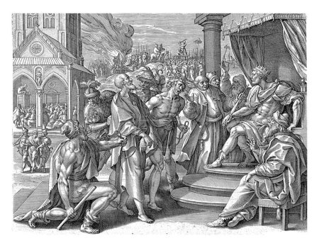 Téléchargez les photos : Persécution des chrétiens, Hieronymus Wierix, d'après Maerten de Vos, 1583 Des soldats mènent deux hommes menottés devant le roi, des spectateurs crient à la persécution. - en image libre de droit