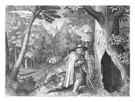 Téléchargez les photos : H. Geraldus van Mitternach comme ermite, Jan van Londerseel, d'après Maerten de Vos, 1580 - 1625 Saint Geraldus van Mitternach, comme ermite priant près d'un arbre creux. A côté de lui un âne. - en image libre de droit