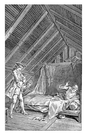 Photo for Mietje and Thomas Jones in the attic, Jan Punt, after Hubert Francois Gravelot, 1749 Mietje and Thomas Jones are shocked when they discover a man in Mietje's room in the attic. - Royalty Free Image