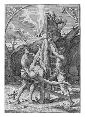 Téléchargez les photos : Crucifixion de Pierre, Hieronymus Wierix, d'après Guido Reni, 1605-1619 Pierre est cloué à la croix par trois hommes, tête baissée. En marge, une légende en latin de trois lignes. - en image libre de droit