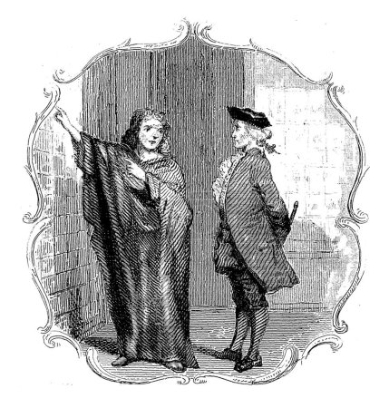 Téléchargez les photos : Deux figures dans un intérieur, Willem Frederik Wehmeyer, 1854 Dans un intérieur, un homme se tient avec une femme, pointant vers un mur, La représentation est entourée de volutes. - en image libre de droit