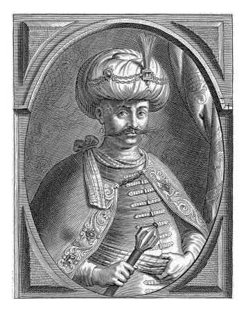 Téléchargez les photos : Portrait d'Ibrahim, sultan de Turquie, Pieter de Jode (II), 1628-1670 Portrait d'Ibrahim, sultan de Turquie. Il porte un turban et tient un bâton dans sa main droite. - en image libre de droit