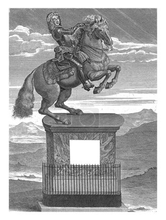 Téléchargez les photos : Statue équestre de Willem III, Prince d'Orange, anonyme, 1688 - 1749 Statue équestre de Willem III. Des montagnes à l'arrière-plan. Sur un piédestal, nom et titres sont en anglais. - en image libre de droit