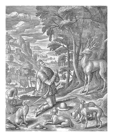 Foto de San Huberto, Julio Goltzius, después de Pieter van der Borcht (I), 1609 - después de 1666 San Huberto arrodillado ante un ciervo. Durante la cacería del Viernes Santo, San Hubert ve un ciervo con una cruz. - Imagen libre de derechos