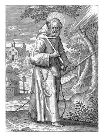 Photo for Saint Francis of Paola, Adriaen Collaert, 1608 Saint Francis of Paola. He wears a monk's habit and holds a cross in his hand. In the background a monastery of the order of the Minims founded by him. - Royalty Free Image