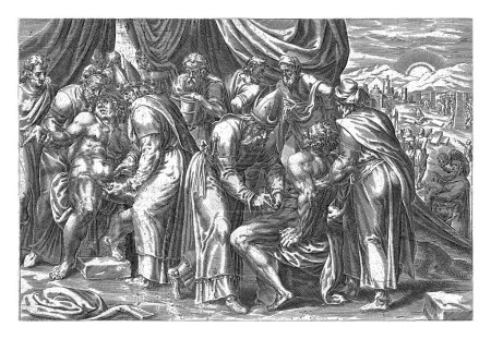 Foto de Circuncisión de los israelitas, Harmen Jansz Muller, después de Gerard van Groeningen, 1579 - 1585 Josué ha circuncidado a todos los israelitas después de llegar a Canaán. - Imagen libre de derechos