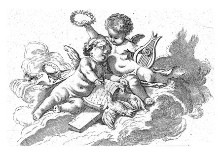 Photo for Poetry, Georg Leopold Hertel, after Francois Boucher, 1750 - 1778 Allegory of Poetry. A putto with a lyre laurels a writing putto next to him, around them are a book, two doves and a trumpet. - Royalty Free Image
