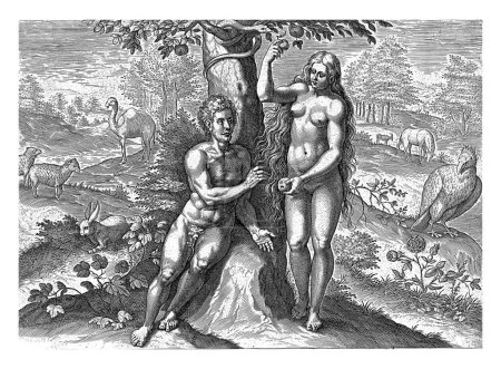Téléchargez les photos : Eve séduit Adam, Johann Sadeler (I), d'après Crispijn van de Passe (I), 1639 Eve offre à Adam un fruit de la pomme de l'arbre de la connaissance du bien et du mal. - en image libre de droit
