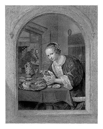 Photo for The oyster eater, Dirk Jurriaan Sluyter, after Jan Havicksz. Steen, 1841 A young woman, dressed in a short fur-trimmed jacket, sits at a table on which is a platter of oysters. - Royalty Free Image
