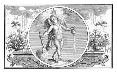 Foto de Emblema con putto con estrella, Frederik Ottens, 1717 - 1770 Un putto con una estrella en la cabeza. En sus manos sostiene una antorcha ardiente y una (¿lluvia?) esparcidor. - Imagen libre de derechos