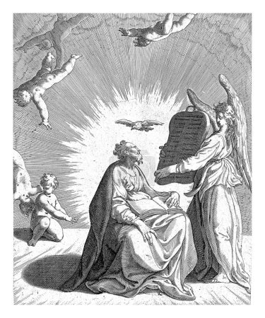 Matthäus und der Engel, Isaac Duchemin (zugeschrieben), nach Adriaan de Weerdt, 1563 - 1590 Der Evangelist Matthäus sitzt mit einem offenen Buch auf seinem Schoß.