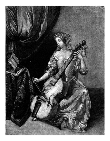 Photo for Woman with a Viola da Gamba, Pieter Schenk (I), after Caspar Netscher, 1670 - 1713 A young woman plays viola da gamba, she has put her foot on a stew. - Royalty Free Image