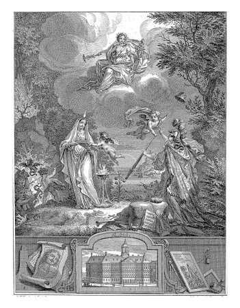 Foto de Alegoría del 100º Aniversario de la Libertad Holandesa, 1648-1748, Simon Fokke, 1748 La aclamada personificación de la Paz se consagra en el aire con una rama de olivo y un caduceo. - Imagen libre de derechos