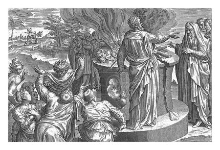 Foto de El rey Jeroboam y el hombre de Dios ante el altar, Hans Collaert (I), después de Ambrosius Francken (I), 1585 El rey Jeroboam está haciendo un sacrificio a un ídolo cuando un hombre de Dios de Judá aparece. - Imagen libre de derechos