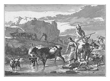 Téléchargez les photos : Une jeune femme marche sur des pierres près d'une rivière, anonyme, d'après Jan de Visscher, d'après Nicolaes Pietersz. Berchem, 1699 - 1756 Paysage montagneux avec bergers et fermiers. - en image libre de droit