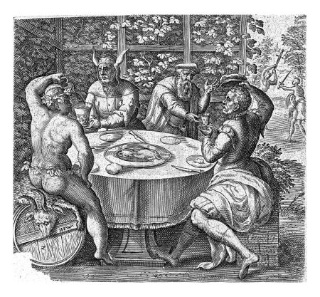 Foto de El abuso causa dolor, el placer trae alegría, Johannes Wierix, después de Gerard van Groeningen, 1575 Una compañía en la mesa en un cenador. Izquierda: Baco vierte un enorme rumor de vino a un bufón. - Imagen libre de derechos