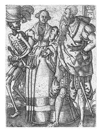 Foto de Pareja con la muerte, AC monogramista (siglo XVI), después de Tobías Stimmer, 1562 Impresión de la serie de siete. Pareja es tomada por la mano por la Muerte en un sombrero de copa. - Imagen libre de derechos