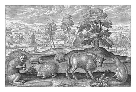 Foto de Diferentes animales, Adriaen Collaert, 1595 - 1599 En primer plano un zorro, un mono, un puercoespín, dos erizos y un bisonte. Al fondo un paisaje con un pueblo. - Imagen libre de derechos