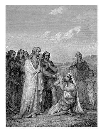 Photo for Healing the Blind of Jericho, Dirk Jurriaan Sluyter, after Adrianus Johannes Ehnle, 1843 The blind man sits on his knees on the floor and grabs at his eyes. - Royalty Free Image