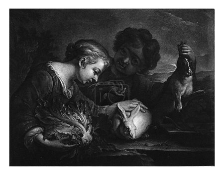 Téléchargez les photos : Deux enfants avec des lapins, Pieter van Bleeck, d'après Bartolome Esteban Murillo, 1757 Un garçon prend son lapin par les oreilles ; une fille caresse le dos de son lapin. Elle a une tête de laitue à la main. - en image libre de droit
