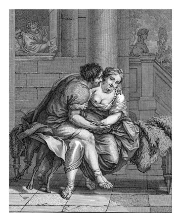Foto de Isaac y Rebeca espiados por Abimelec, Matthijs Pool, después de Barend Graat, 1696 - 1727 Abimelec, rey de los filisteos, mira por su ventana y ve a Isaac acariciando a Rebeca. - Imagen libre de derechos