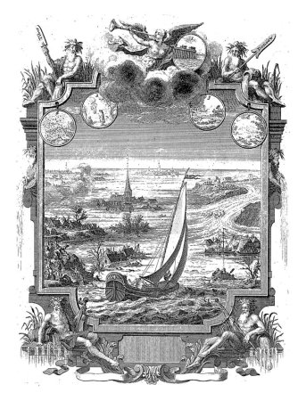 Foto de Brecha de dique en Jaarsveld, 1751, Jan Caspar Philips, 1751 La brecha de dique en Jaarsveld, 1751. Un yate navega sobre la tierra inundada y más allá de los pueblos ahogados. - Imagen libre de derechos