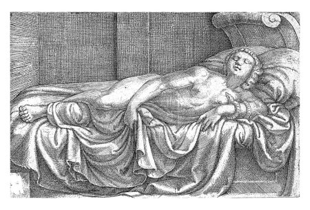 Foto de Muerte de Cleopatra, Cornelis Massijs, 1550 La muerta Cleopatra, acostada en un banco de descanso, con la serpiente envuelta alrededor de su brazo. Se suicidó al ser mordida por una serpiente.. - Imagen libre de derechos