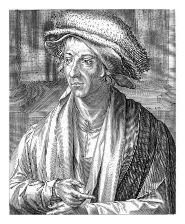 Téléchargez les photos : Portrait de Joachim Patinir, Hendrick Hondius (I), 1610 Portrait à gauche de Joachim Patinir. En dessous du portrait se trouvent le nom et deux colonnes chacune avec six lignes en latin. - en image libre de droit