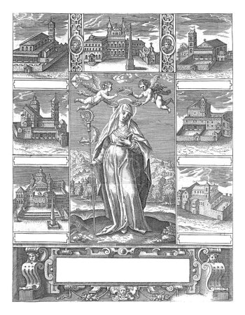 Foto de Saint Begga, Adriaen Collaert, 1570 - 1618 Santa Begga con una vara de abadesa en la mano derecha y una biblia en la izquierda. Dos putti vuelan sobre su cabeza y la coronan con tres coronas. - Imagen libre de derechos